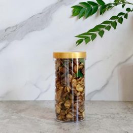 clear plastic jar with gold lid