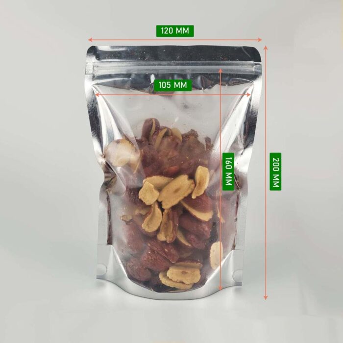 Semi-metallized 120 x 200 mm zipper standing pouch – one side clear, one side metallized