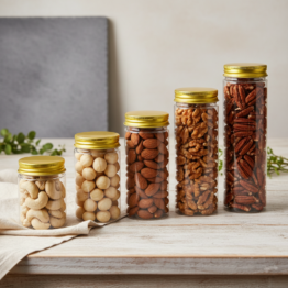 PET clear bottle with gold metal lid for nut packaging